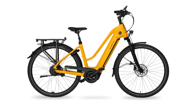 Gelbes E-Bike vor Logo-Hintergrund